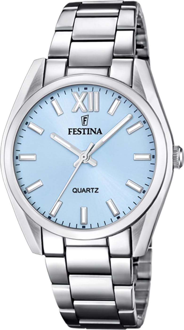 Festina damklocka med blå urtavla och armband i rostfritt stål, romerska siffror, kvartsurverk