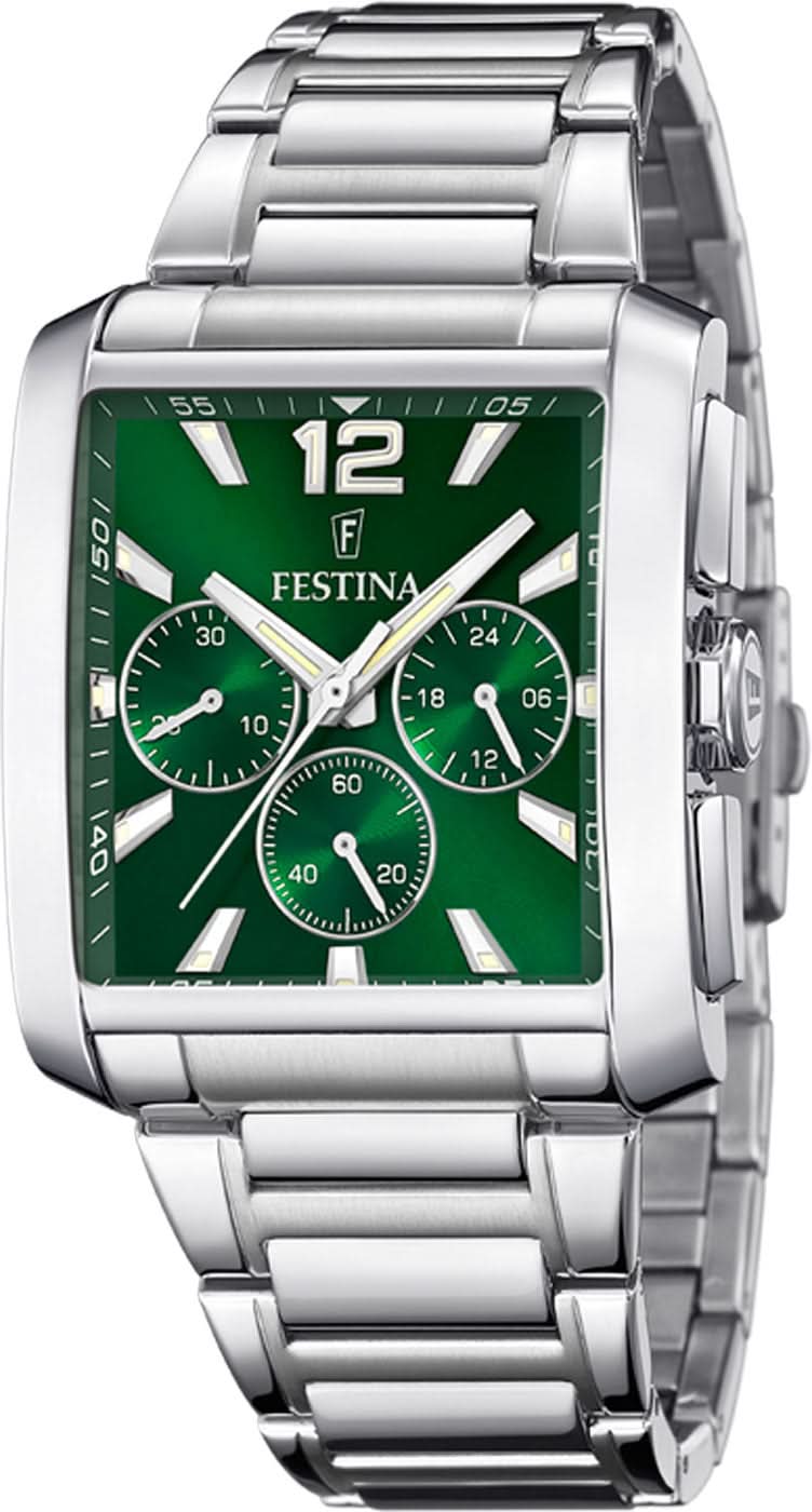 Festina herrklocka kronograf med grön urtavla och armband i rostfritt stål