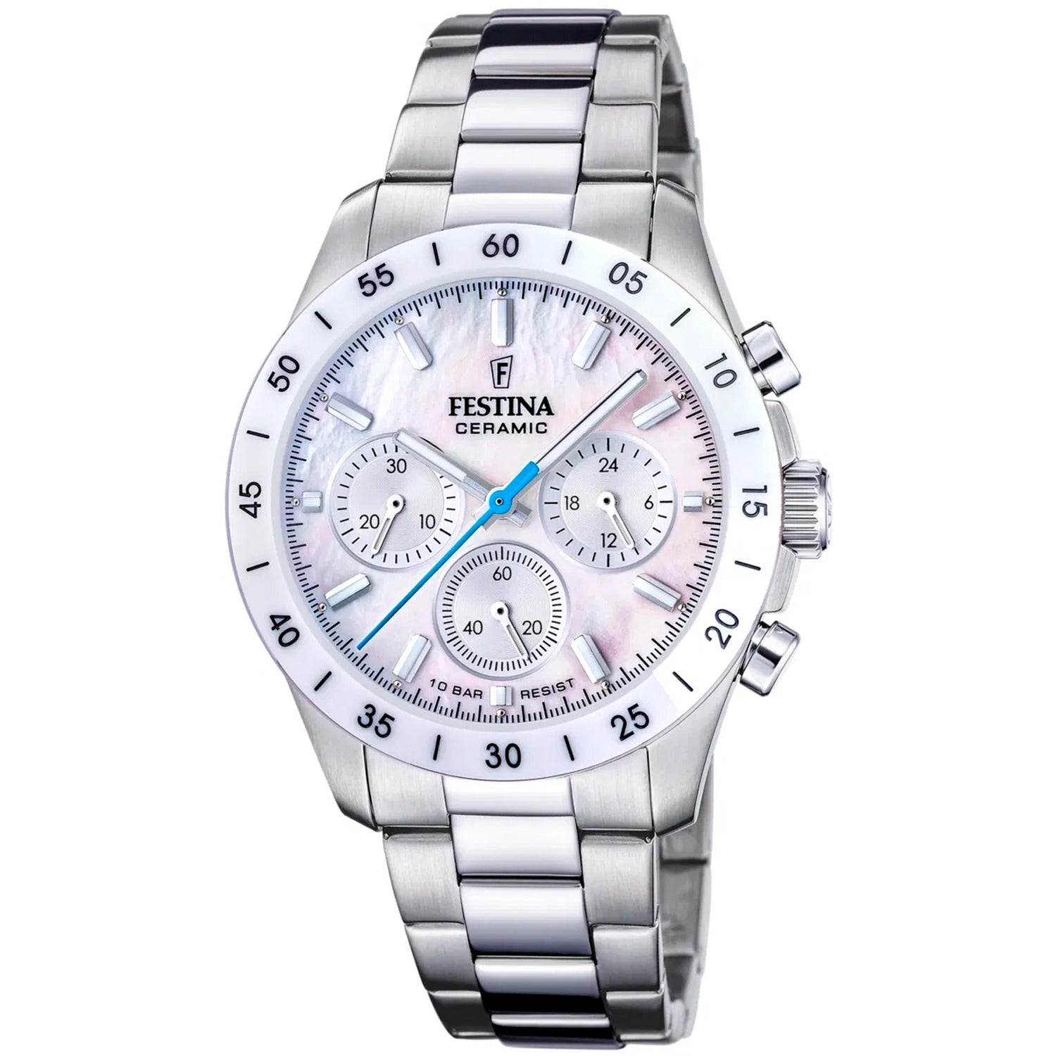Unisex chronograf z białą tarczą, ceramiczną kopertą, subtarczami chronografu i bransoletą ze stali szlachetnej