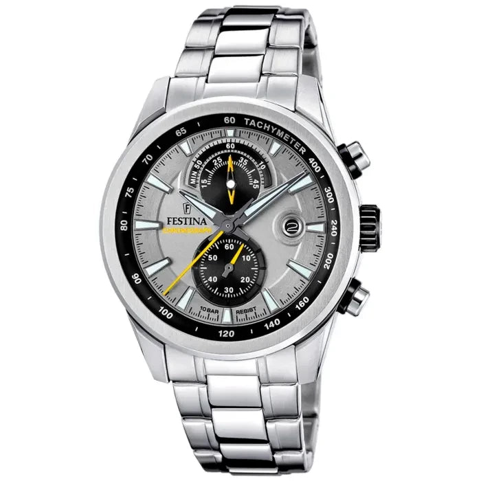 Herren-Chronographenarmbanduhr mit Edelstahlarmband, schwarzem Zifferblatt und Mineralglas