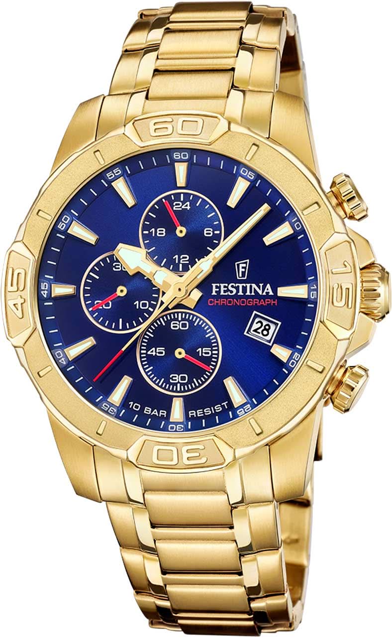 Festina herrklocka kronograf med blå urtavla och guldfärgat armband i rostfritt stål