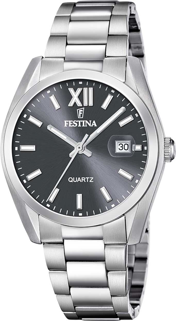 Festina herrarmbandsur med svart urtavla, rostfritt stålband och datumvisning