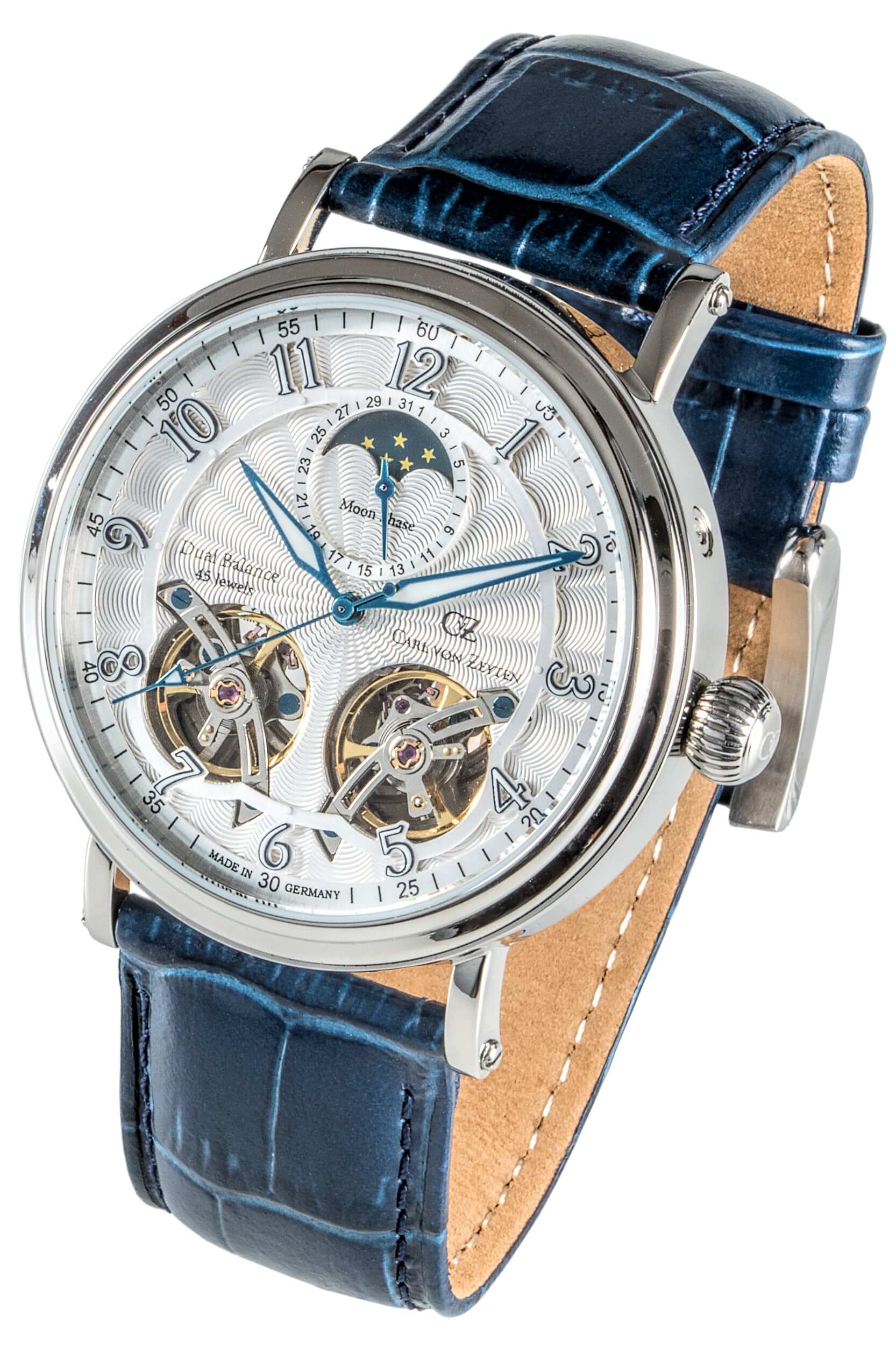 Carl von Zeyten Herren-Armbanduhr: Automatik, Mondphase, blaues Lederband, Saphirglas