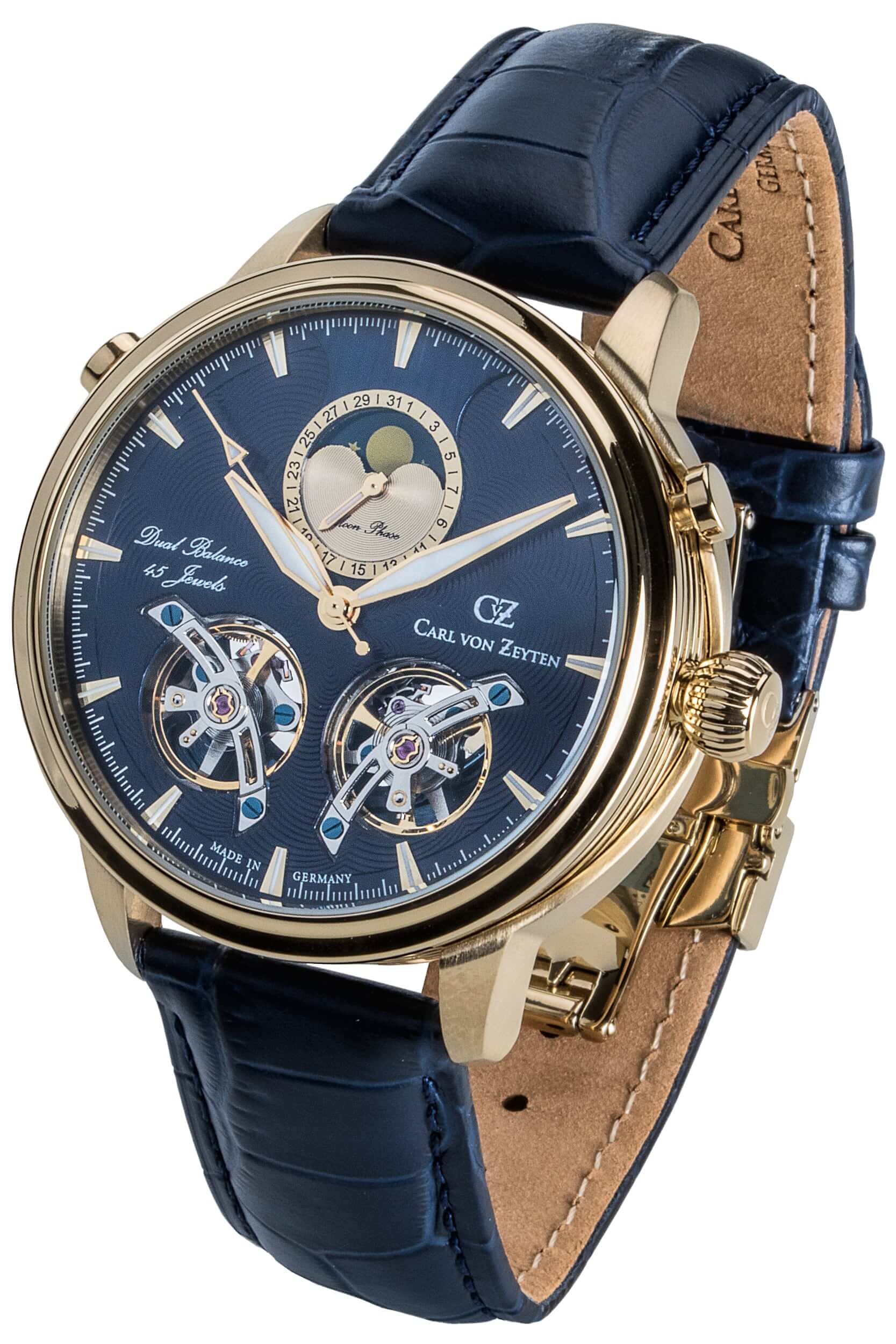 Carl von Zeyten Herrenuhr: blaues Zifferblatt, goldfarbenes Gehäuse, Lederband