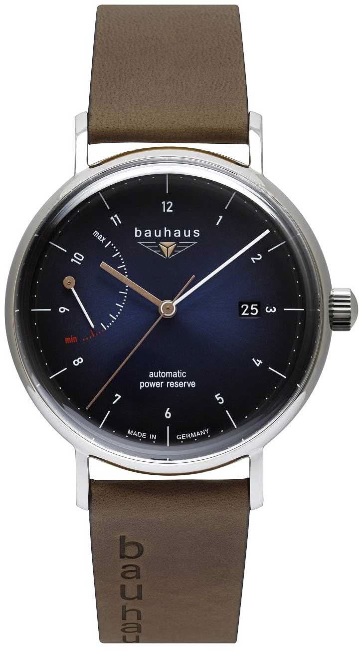 Herrarmbandsur med brunt läderarmband och blå urtavla, silverfärgat hölje