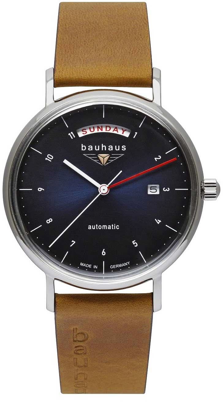 BAUHAUS herrklocka med svart urtavla och brunt läderarmband