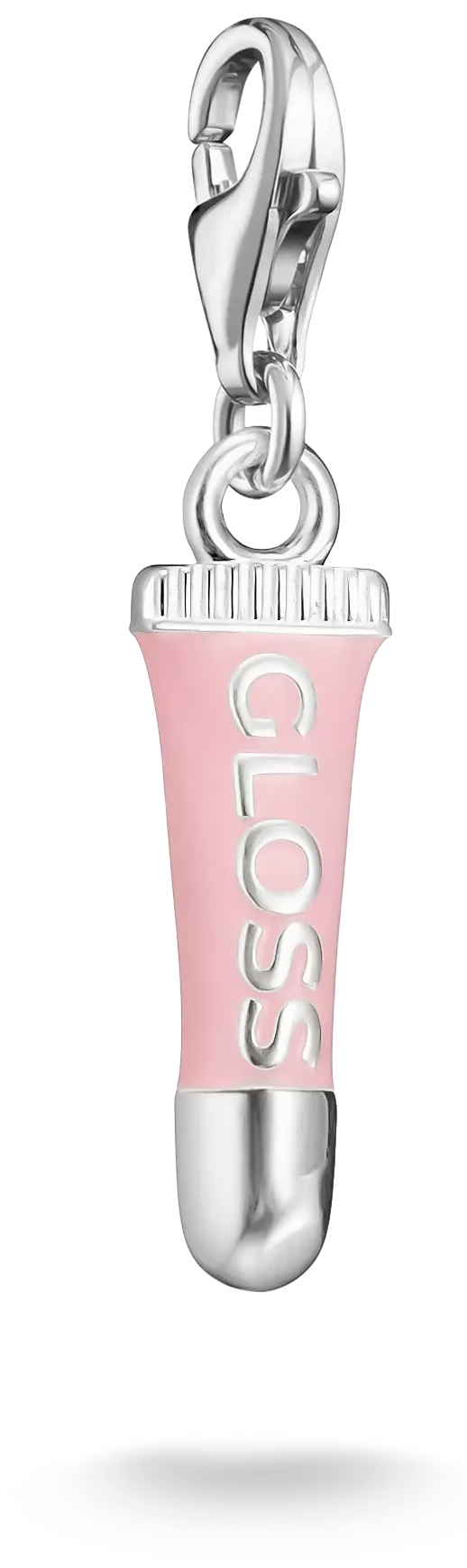 Charmhänge i silver med rosa läppglans-tub och karbinhake