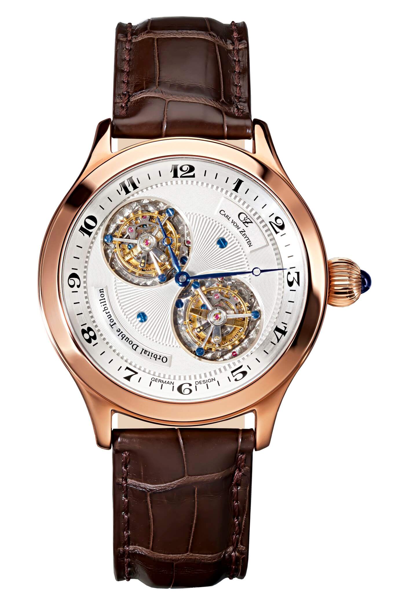 Herrenarmbanduhr mit braunem Lederband, roségoldfarbener Lünette und Doppel-Tourbillon