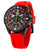 Męski zegarek Vostok Europe typu chronograf z czerwonym silikonowym paskiem, czarną kopertą i świecącymi cyframi.