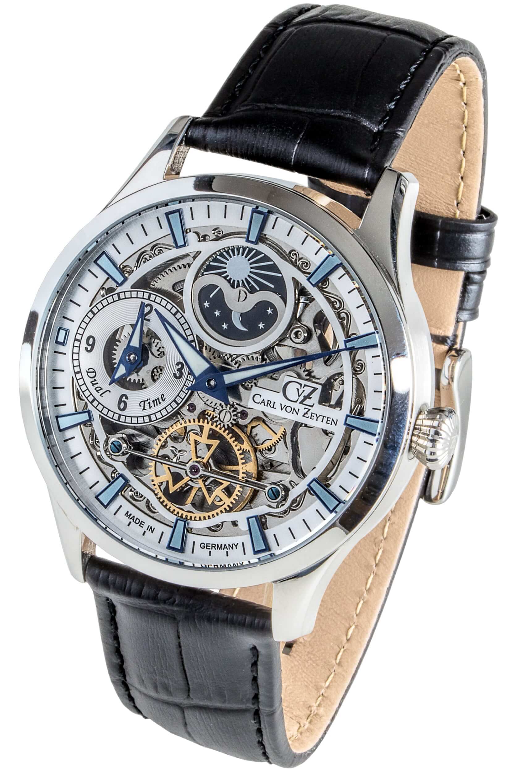 Carl von Zeyten Herrenautomatik-Uhr: schwarzes Lederarmband, silbernes Gehäuse, Skelettzifferblatt