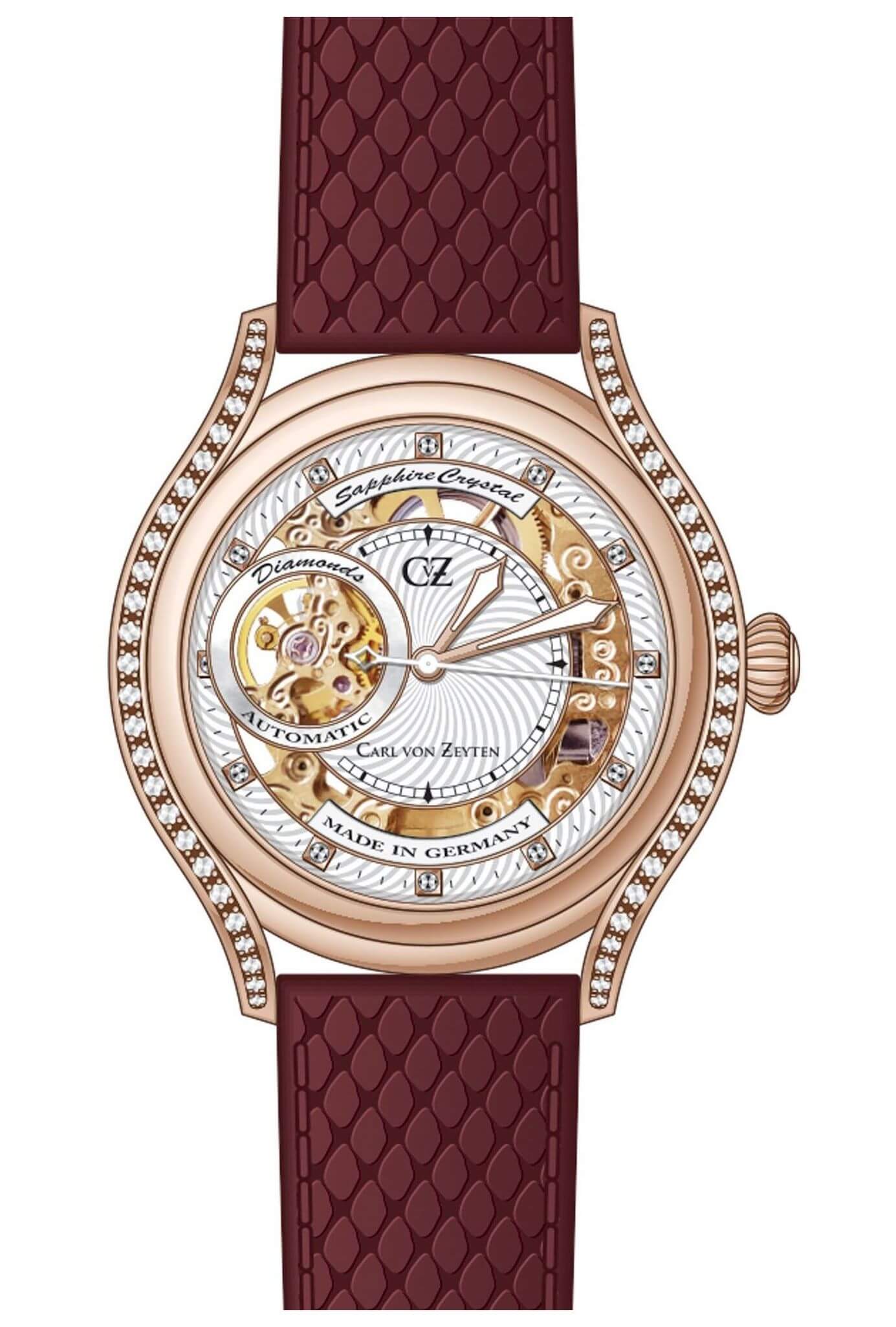 Damenarmbanduhr mit roségoldenem Gehäuse, funkelnder Lünette und violettem Lederband