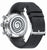 Damen-Uhr mit schwarzem Lederarmband und silbernem Gehäuseboden