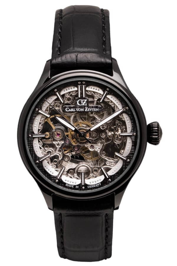 Damenuhr Carl von Zeyten mit Skelettzifferblatt, schwarzem Lederarmband und Automatikwerk