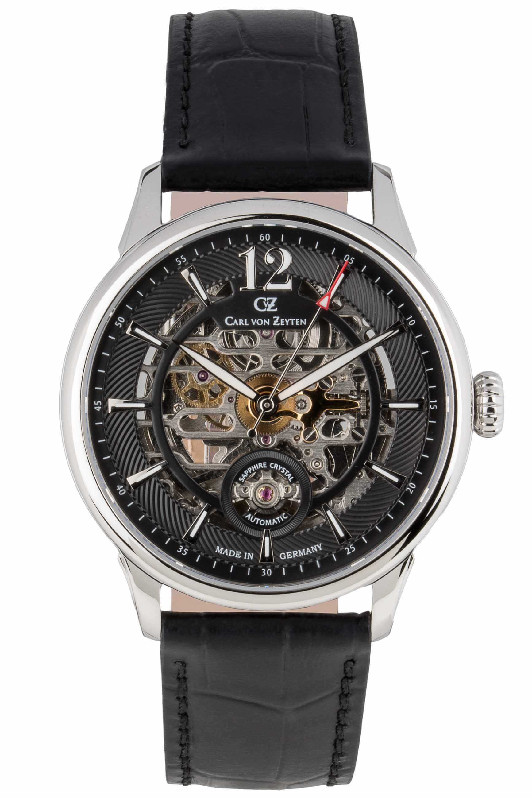 Herrenuhr mit skelettiertem Zifferblatt, schwarzem Lederarmband und silberner Lünette