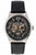 Herrenuhr mit skelettiertem Zifferblatt, schwarzem Lederarmband und silberner Lünette