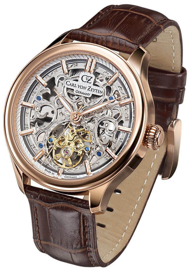 Carl von Zeyten Herrenuhr mit braunem Lederarmband und roségoldenem Skelettzifferblatt