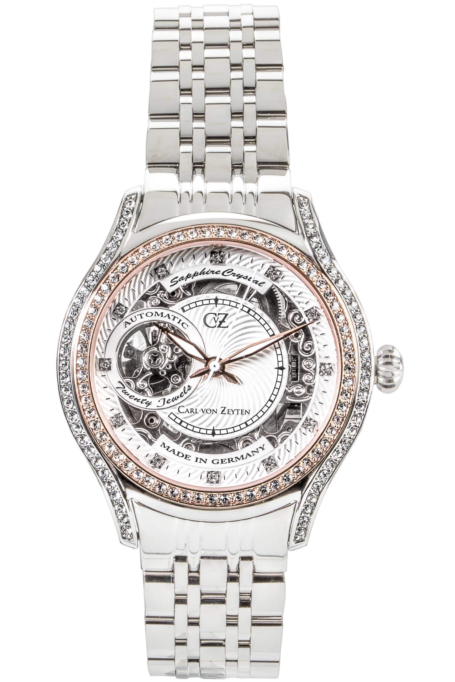 Damen-Automatik-Uhr mit Skelettzifferblatt, Edelstahlband und funkelnder Lünette
