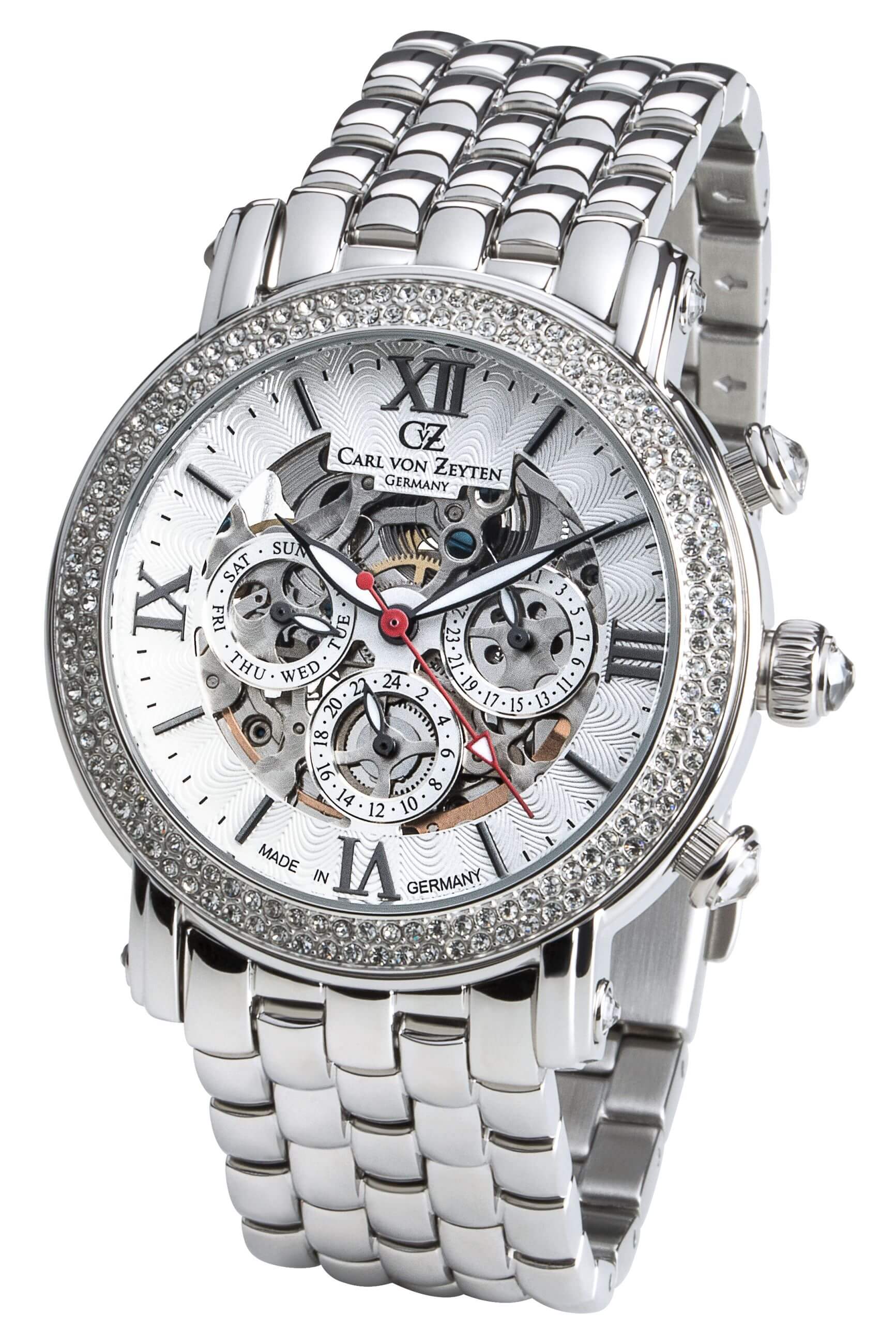 Carl von Zeyten Damen-Armbanduhr mit silbernem Edelstahlband und Skelettzifferblatt