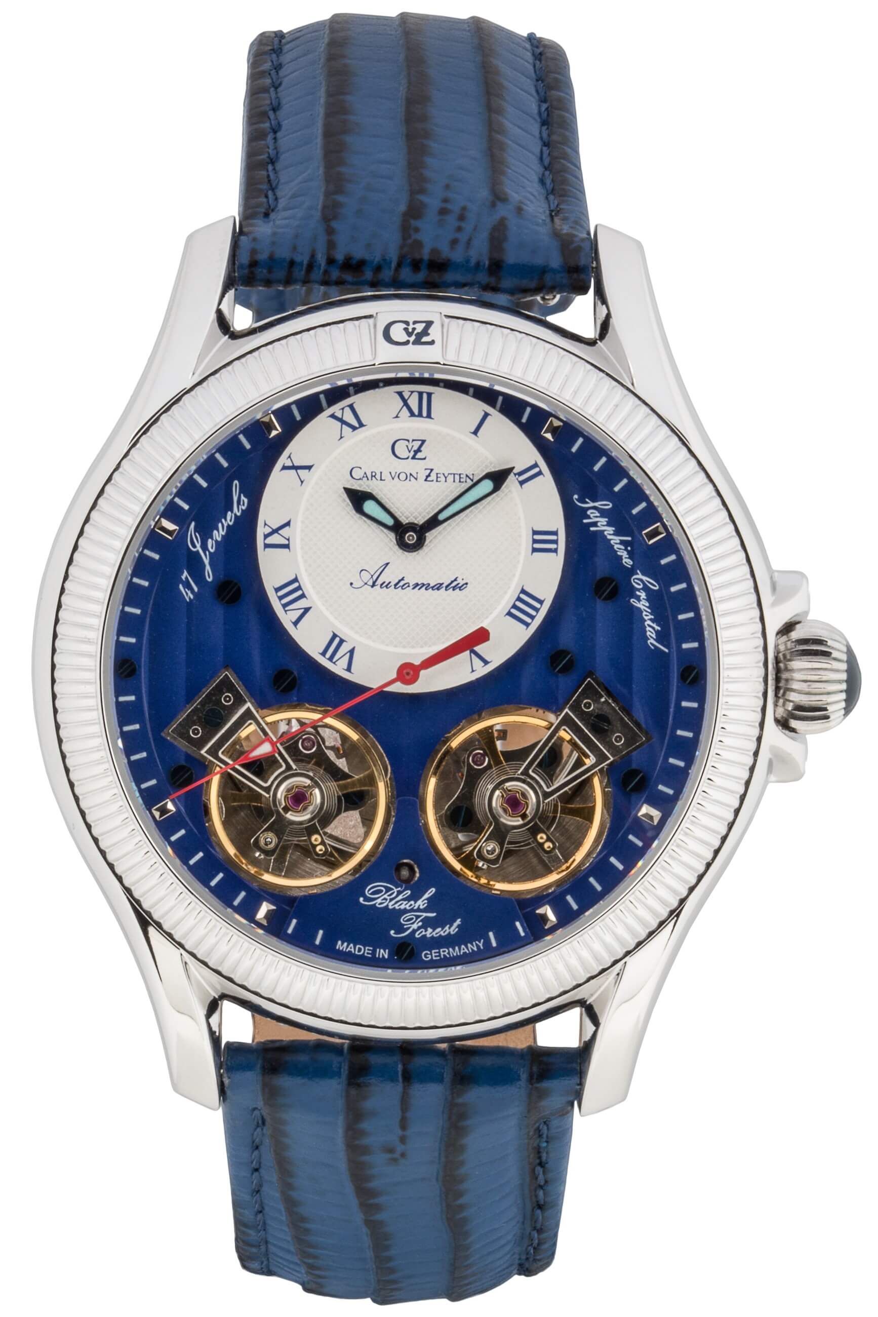 Herrenuhr mit blauem Lederband, blauem Zifferblatt, Automatikwerk und Saphirglas