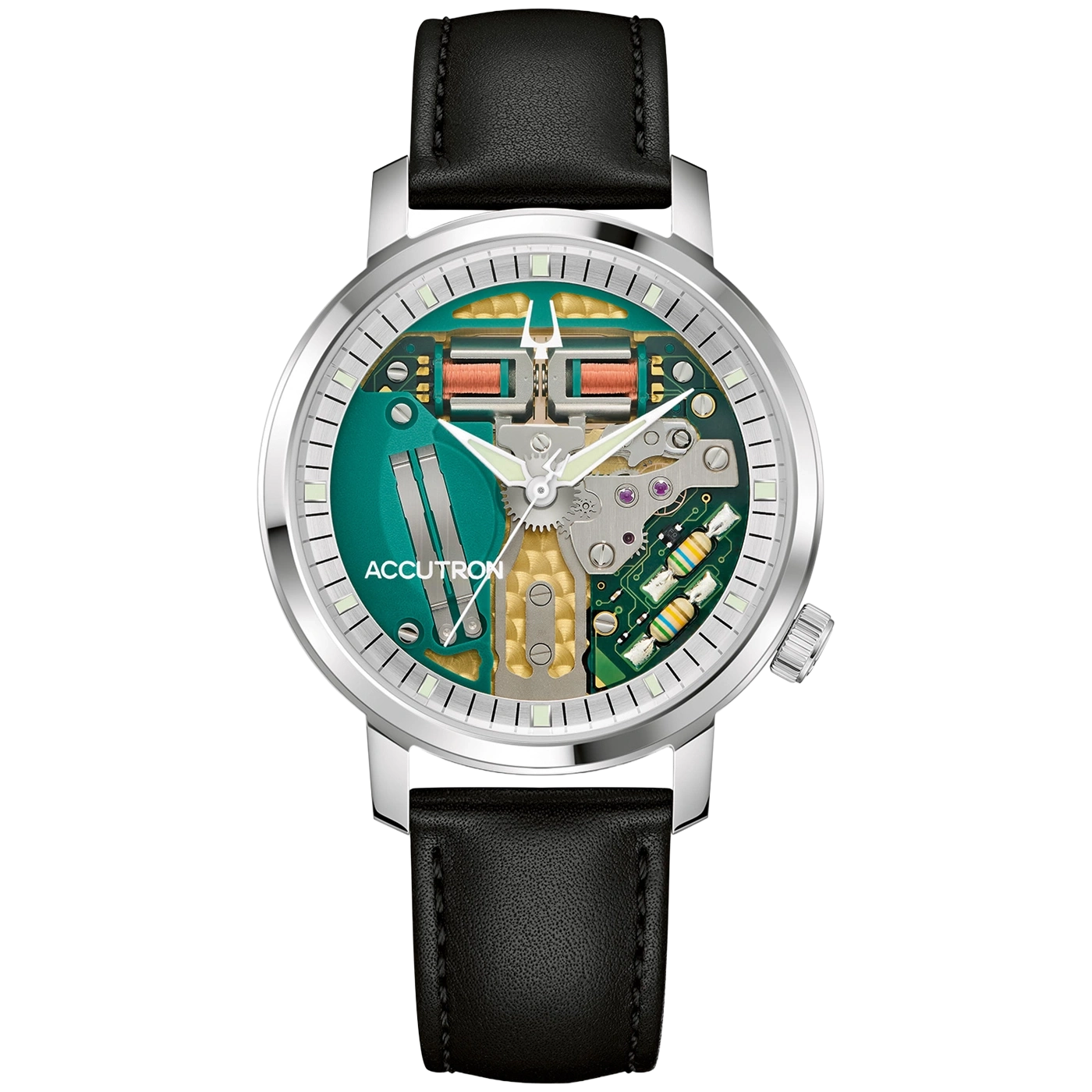 Bulova Accutron Herrenarmbanduhr mit grünem Zifferblatt und sichtbarem Werk, schwarzem Lederband.