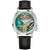 Bulova Accutron Herrenarmbanduhr mit grünem Zifferblatt und sichtbarem Werk, schwarzem Lederband.