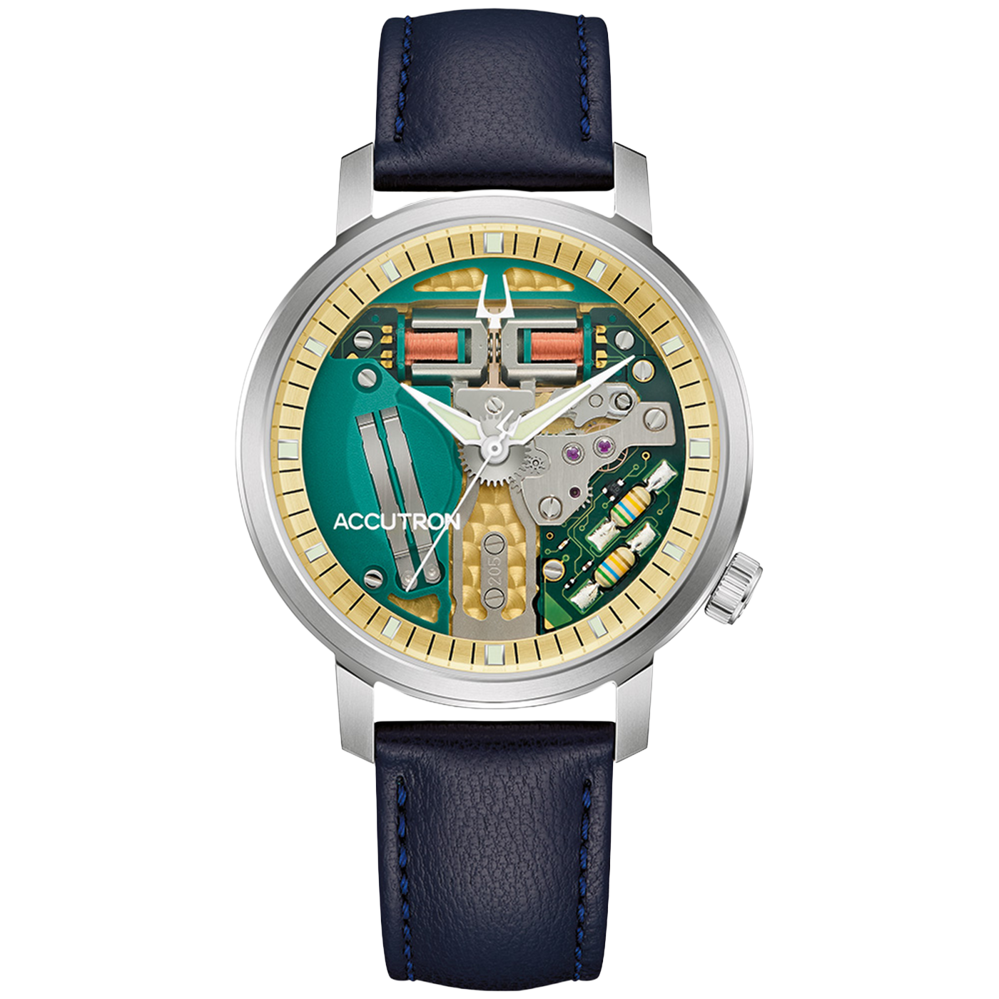 Bulova Accutron Armbanduhr mit grünem Sichtdialsystem und blauem Lederarmband