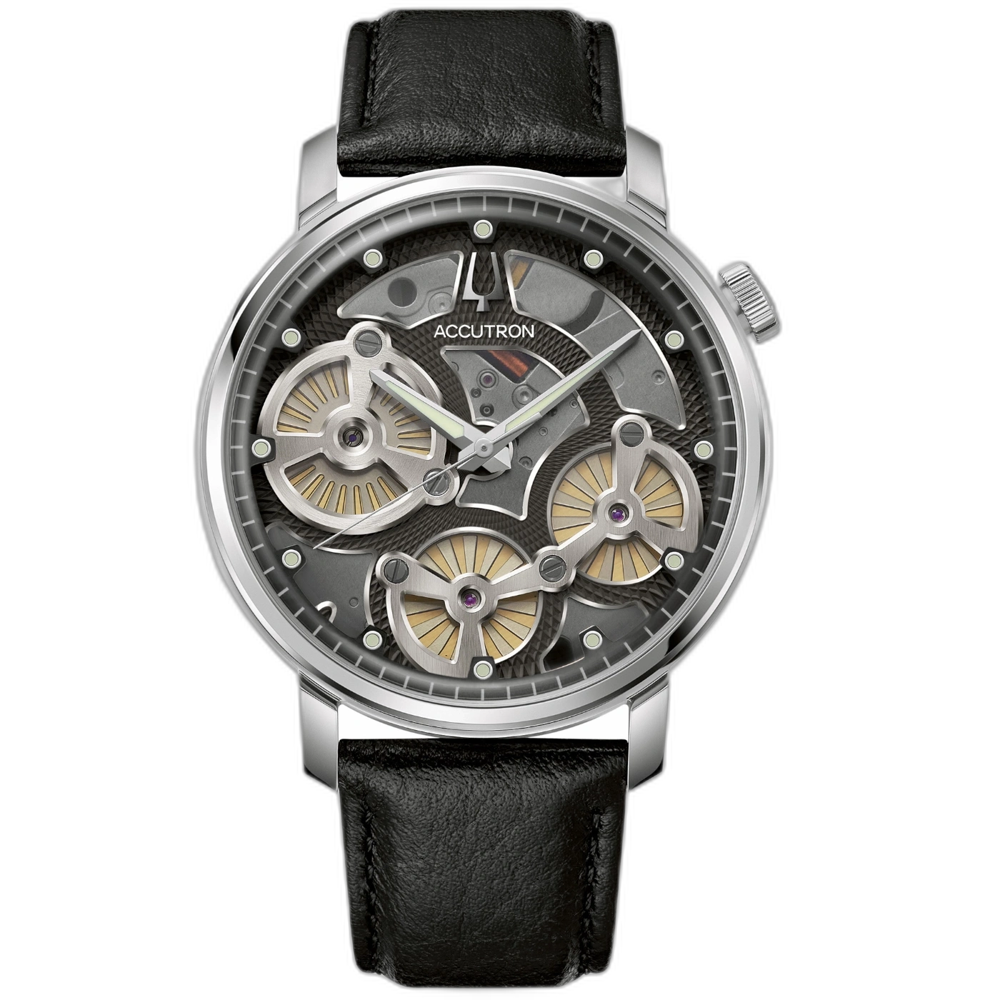 Herrenuhr: silbernes Gehäuse, sichtbares Uhrwerk, schwarzes Lederarmband
