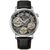 Herrenuhr: silbernes Gehäuse, sichtbares Uhrwerk, schwarzes Lederarmband