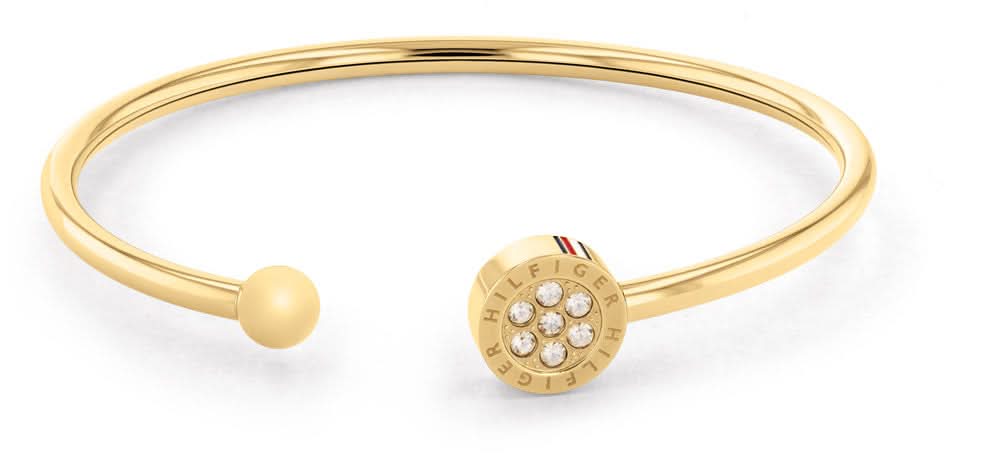Guldpläterat armband med rund pärla och dekorativ bricka med gnistrande stenar