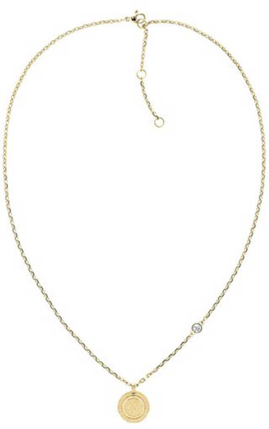 Guldpläterat halsband med rund berlock och fin länkkedja, karbinhake.