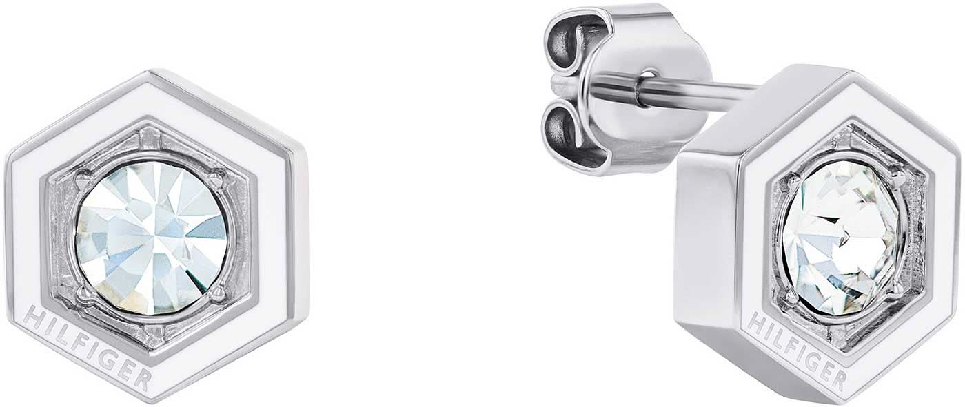 "Geometriska örhängen, silverfärgade med klar sten och HILFIGER-prägling"