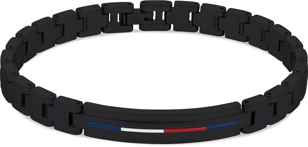 Svart länkarmband i rostfritt stål med färgade ränder och Tommy Hilfiger-logotyp