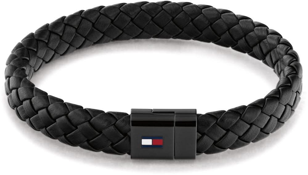 Svart flätat läderarmband med Tommy Hilfiger logospänne