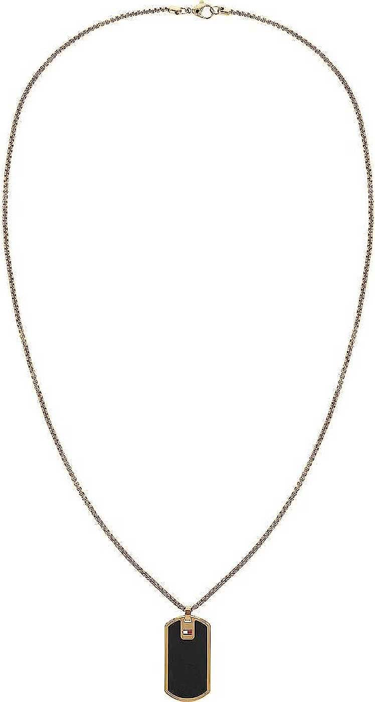 Venezuelansk kedja med läderhänge, rektangulär, mörk, med Tommy Hilfiger-bricka