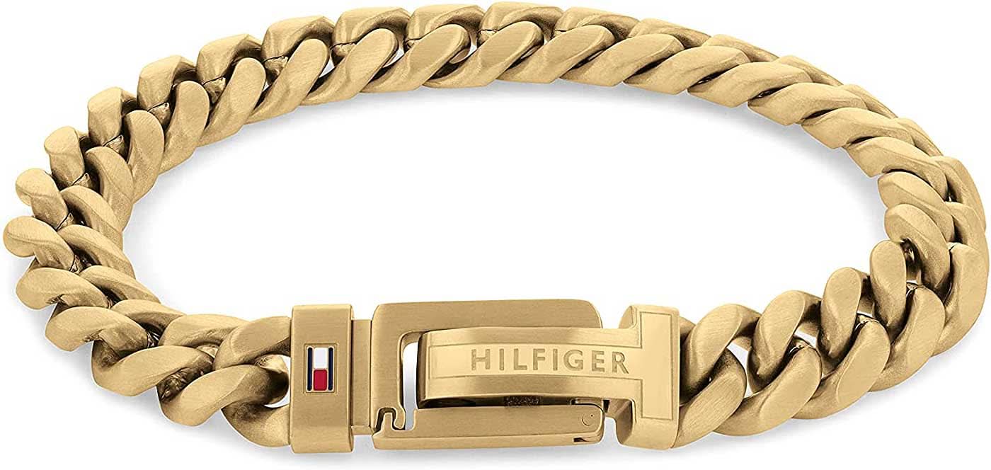 Armband i rostfritt stål med pansarkedja, guldfärgat, med "HILFIGER"-spänne och logotyp