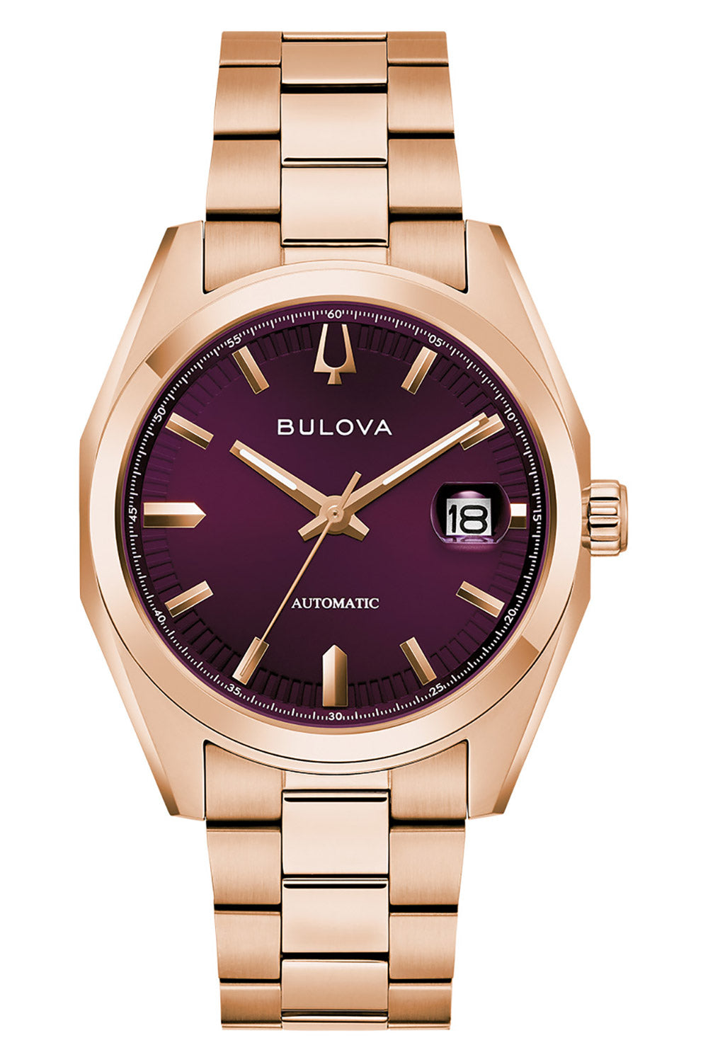 Męski zegarek automatyczny Bulova z bransoletą ze stali szlachetnej w kolorze różowego złota i fioletową tarczą