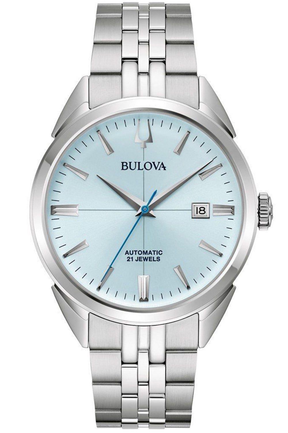 Bulova Herren-Automatikuhr, silbernes Metallband, blaues Zifferblatt, Datum bei 3
