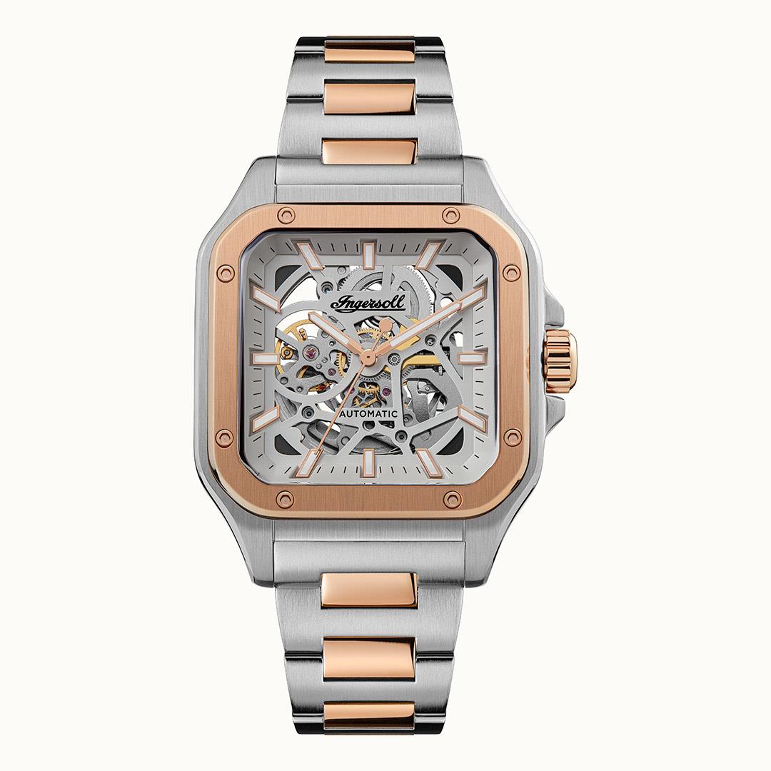 Ingersoll Herrenuhr: graues Metallband, roségoldene Akzente, Skelett-Automatikwerk