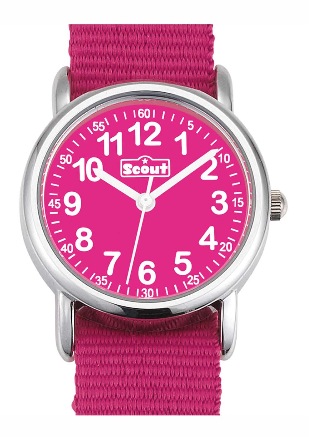 Flickklocka med rosa textilarmband, silverfärgad boett och rosa urtavla
