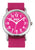Flickklocka med rosa textilarmband, silverfärgad boett och rosa urtavla