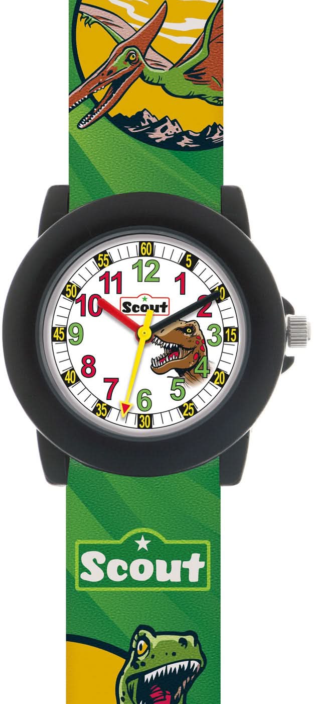 Armbanduhr för pojkar med svart boett, vit urtavla och dinosauriemotiv