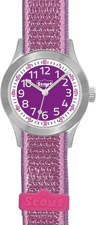 Scout Cool flickklocka med lila textilband och rund urtavla, silverfärgat hölje