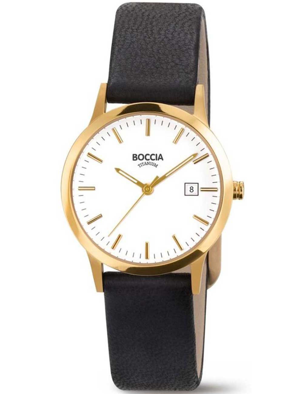 Boccia Damenuhr: goldfarbenes Gehäuse, schwarzes Lederband, weißes Zifferblatt, Datum