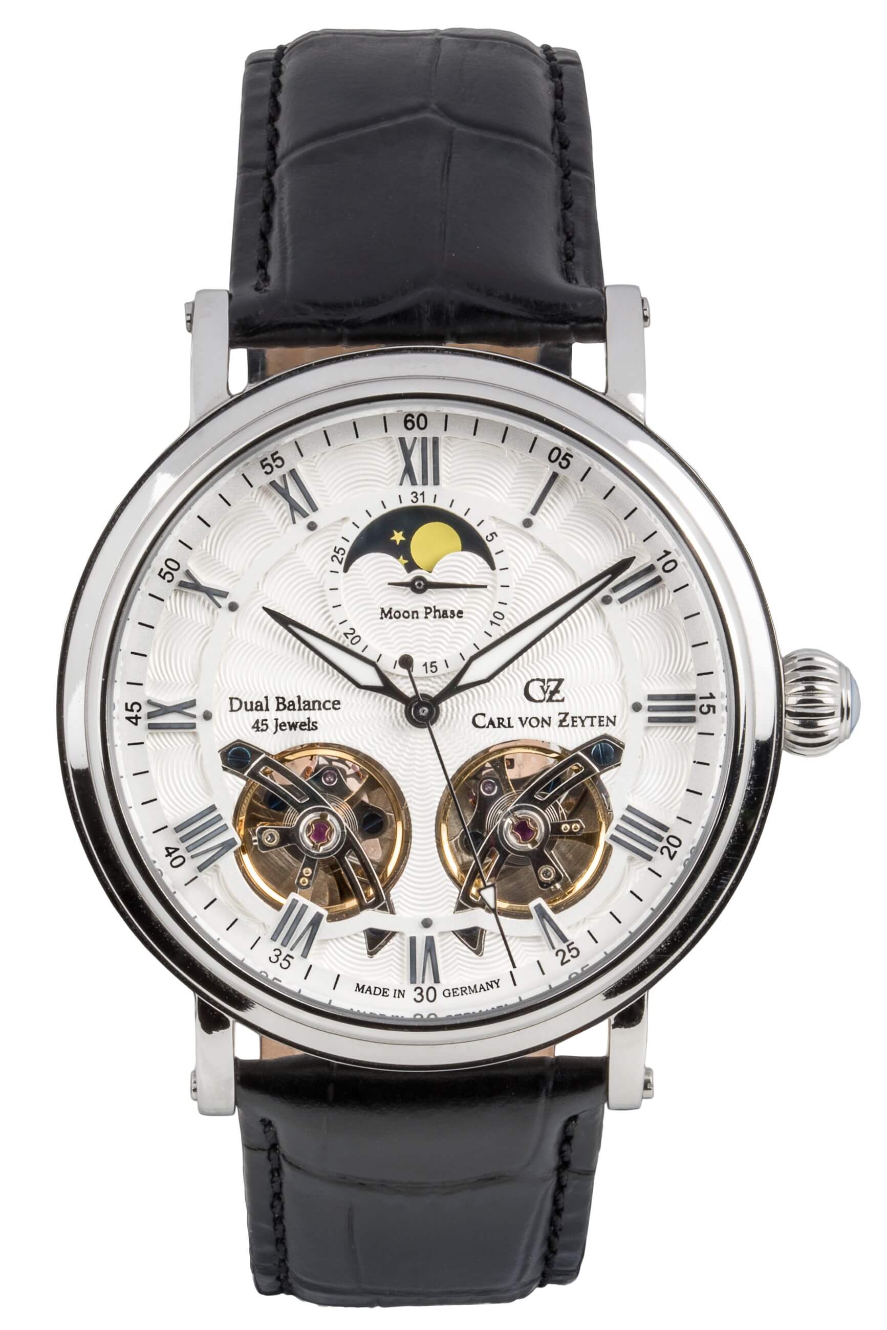 Herrenuhr Carl von Zeyten Murg mit schwarzem Lederband, silbernem Gehäuse und Mondphase