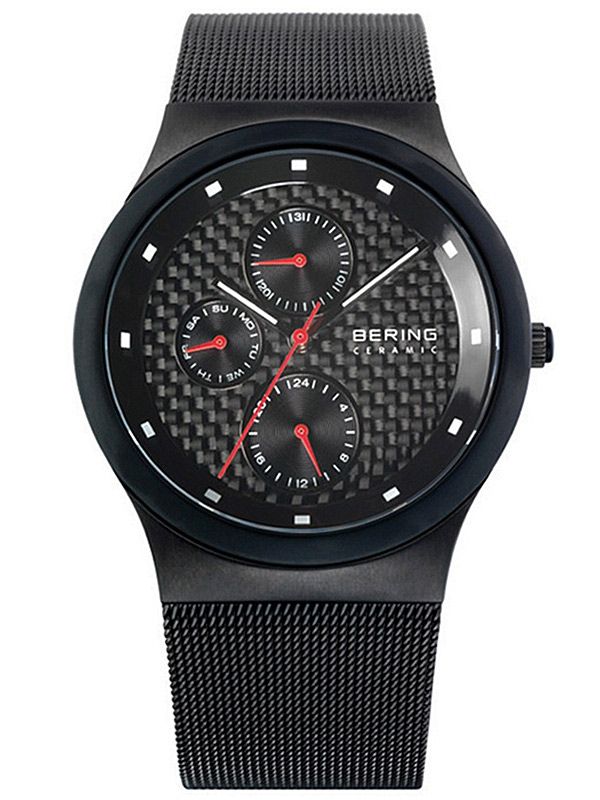 Bering Herren-Armbanduhr, schwarz mit Zifferblatt, roten Zeigern, Keramiklünette und Geflechtband