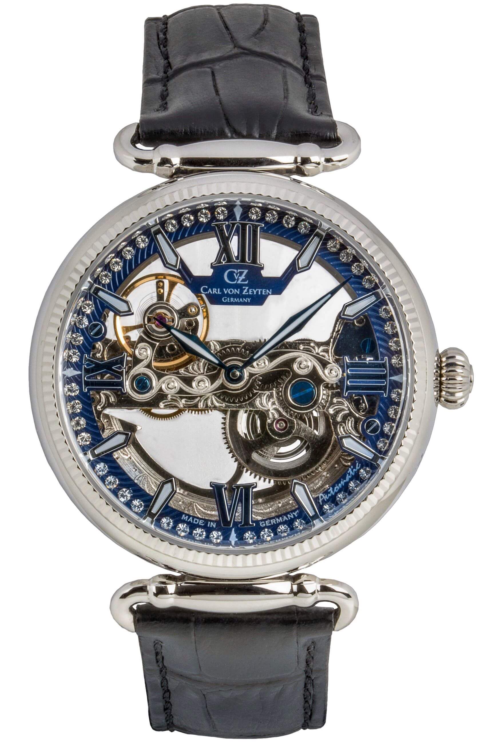 Damenuhr mit Skelettzifferblatt, blauem Design und schwarzem Lederarmband