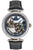 Damenuhr mit Skelettzifferblatt, blauem Design und schwarzem Lederarmband