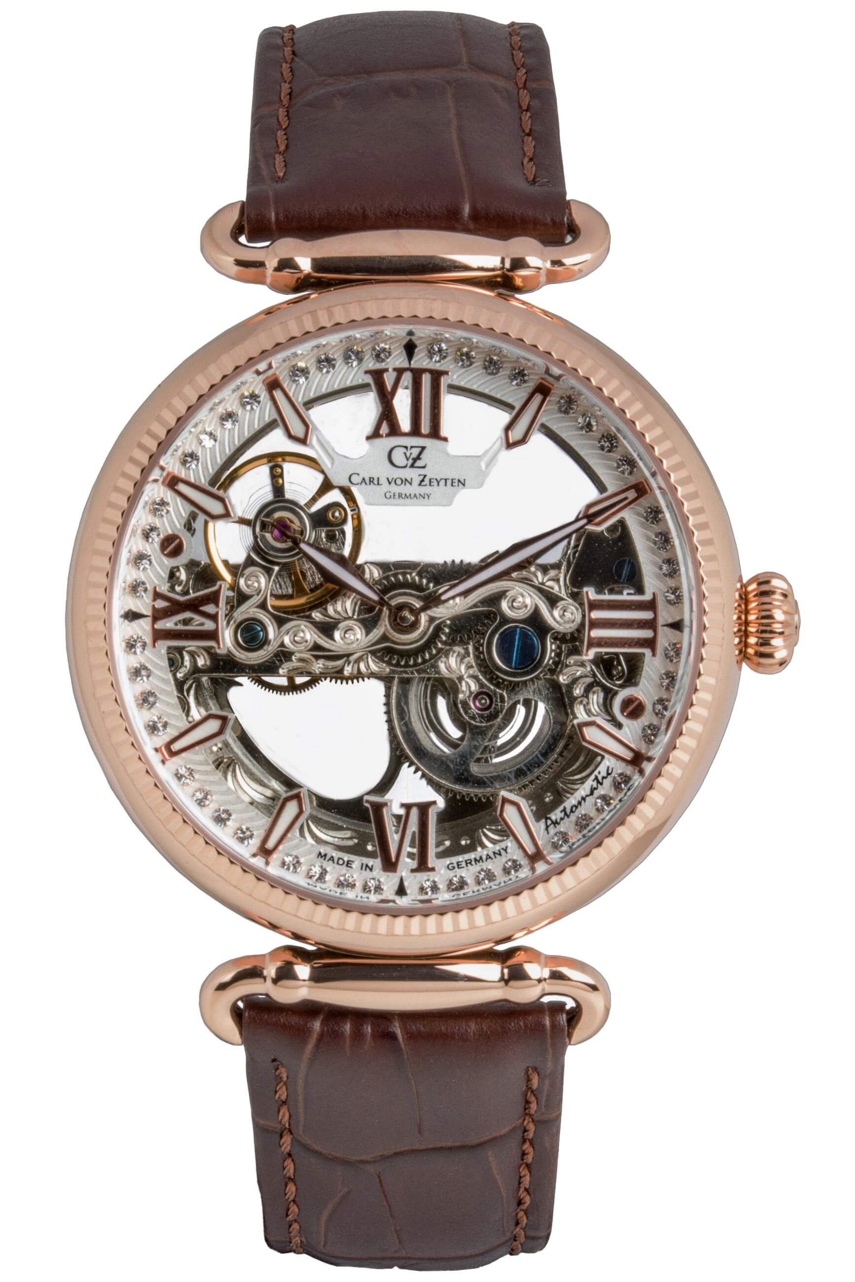 Damenuhr mit braunem Lederarmband und roségoldenem Skelett-Zifferblatt