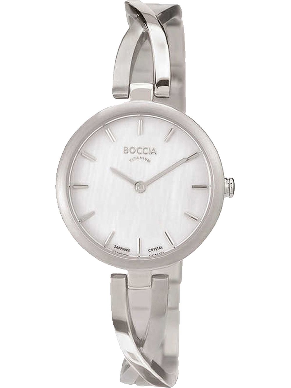 Damenarmbanduhr von Boccia mit silbernem Titanarmband und weißem Zifferblatt