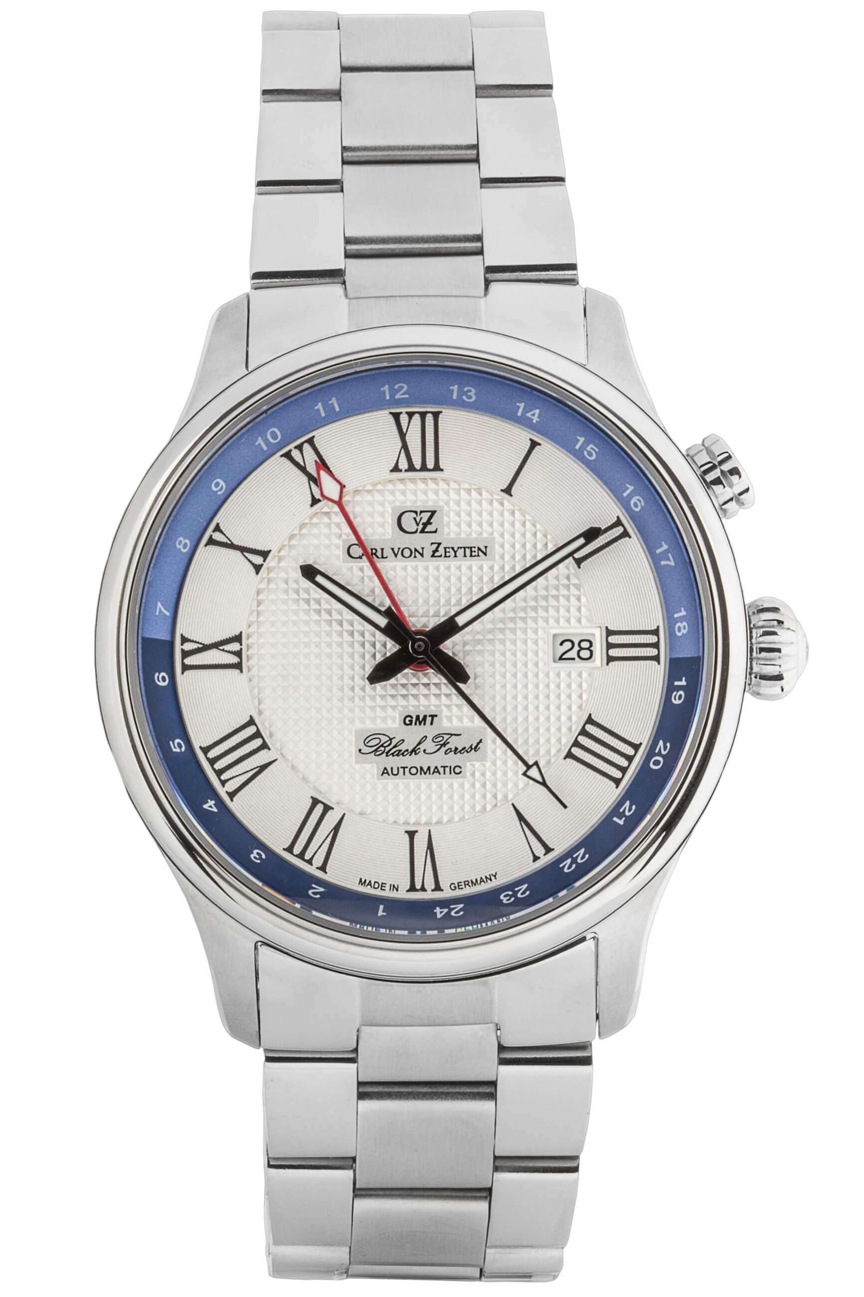 Herrenuhr mit silberfarbenem Metallarmband und weißem Zifferblatt, GMT-Anzeige